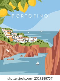 Vector illustration. Portofino, Italy. Travel poster, travel postcard, banner. European tour.