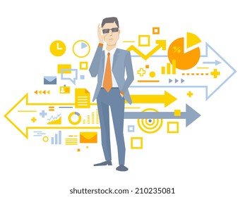 Vector illustration of a portrait of analyst man in a jacket hand holds glasses stands near the scheme of business processes on white background 