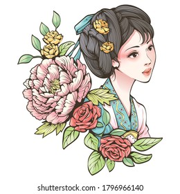 Vector illustration of portrait ancient chinese girl and flowers isolated on white background. This design for publication, decoration, pattern, and more.