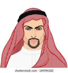 Vector illustration portrait of a arab man in keffiyeh isolated on white. 