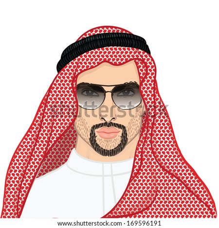 Vector illustration portrait of a Arab man in keffiyeh and sunglasses isolated on white. 