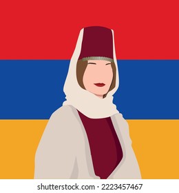 vector illustration portrait Armenia woman in national costume on the background of the traditional flag  a horizontal tricolour of red, blue, and apricot