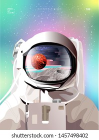 Vector illustration of a portrait of an astronaut in a spacesuit in space with planets, gradient abstract background for a poster, banner or cover
