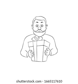 Ilustración vectorial retrato hombres atractivos, anciano con una caja de regalo, silueta lineal sobre un fondo blanco.