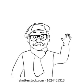 Vector illustration portrait attractive old men in a cap and glasses,the man held up his hand,linear silhouette on a white background