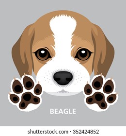 Vector Illustration Portrait of Beagle Puppy & Dog Paw. 