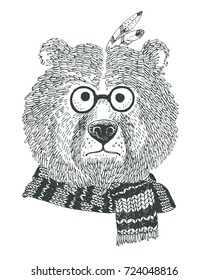 Vector illustration. Portrait of the bear with scarf