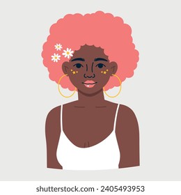 Vector illustration portrait of a beautiful African American girl with afro pink curly hairstyle and with daisy flowers