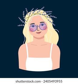 Vector illustration portrait of a beautiful blonde girl with lilac glasses and a wreath of lavender flowers