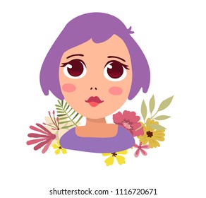 Vector illustration of portrait of a beautiful dreaming girl with big eyes and flower on white background. Hand drawn flat style of girl for avatar profile, t-shirt print, web, site, card