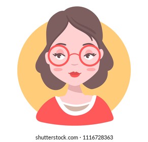 Vector illustration of portrait of a beautiful girl with brunette hair and glasses in frame on white background. Hand drawn flat style of girl for avatar profile, web, site, card