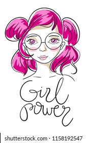 Vector illustration of portrait of a beautiful girl with pink hair, glasses and lettering on white background. Line art style of girl for avatar profile, web, site, card, poster