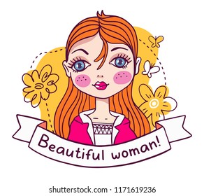 Vector illustration of portrait of a beautiful girl with redhead, big eyes and ribbon with text on white background with flower. Line art style of girl for web, site, card, poster, t-shirt print