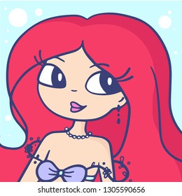 Vector illustration of portrait of beautiful girl with necklace and long red hair on blue color background. Line art style of a cute girl for web, site, party card, invitation, poster