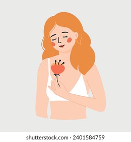 Retrato de ilustración vectorial de una hermosa chica de cabello rojo con pecas. El concepto de aceptarte a ti mismo y a tu cuerpo. Positividad corporal.