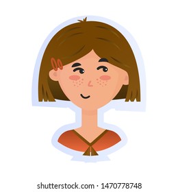 Vector illustration of portrait of a beautiful shy girl, brunette hair on white background