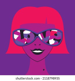 Vector illustration - portrait of a beautiful smiling woman with a square hairstyle and pink hair in large sunglasses and the inscription love close-up trendy purle colors. Concept romance