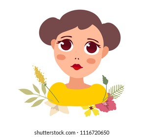 Vector illustration of portrait of a beautiful thoughtful and sad girl with big eyes, brunette hair, yellow blouse and flower on white background. Hand drawn flat style of girl for avatar, web, card