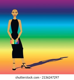 Vector illustration    portrait beautiful transgender man in fashionable black dress and heels background rainbow gradient   space for copying  Concept    freedom expression