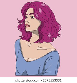 vector illustration of a portrait of a beautiful woman with short hair in bright colors
