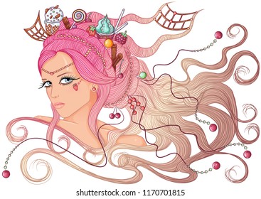 Vector illustration with a portrait of a beautiful young girl with long hair with hairdress of sweets. Girl with pink hair isolated on white background