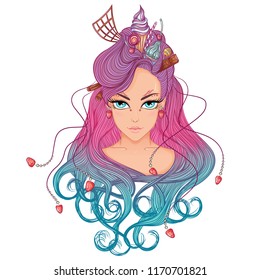 Vector illustration with a portrait of a beautiful young girl with long hair with hairdress of sweets. Girl with rainbow hair isolated on white background