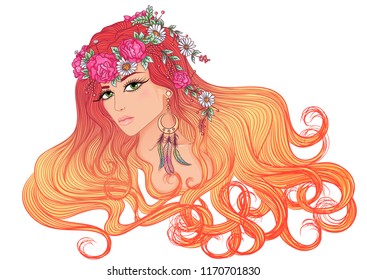 Vector illustration with a portrait of a beautiful young girl with long hair with hairdress of flowers. Girl with red hair and green eyes isolated on white background