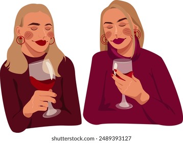 Ilustración vectorial de un retrato de una hermosa joven con una copa de vino tinto, cara, belleza, moda, alcohol, pegatina, mujer, persona moderna, maquillaje, cosméticos, conjunto, novias, reunión