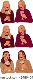 vector illustration of a portrait of a beautiful young girl with a glass of red wine, face, beauty, fashion, alcohol, sticker, woman, modern person, makeup, cosmetics, set, girlfriends, meeting