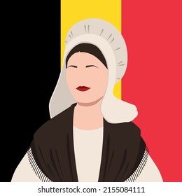 vector illustration portrait Belgium woman in national costume on the background of the traditional flag a vertical tricolour of black, yellow, and red.