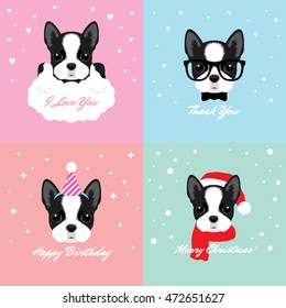 Vector Illustration Portrait of Boston Terrier Puppy. Dog Cards