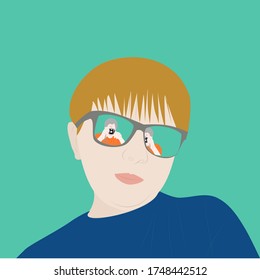 Vector illustration portrait of boy wearing sunglasses with reflection of a photographer on green background concept of fresh summer holiday