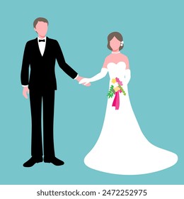 Vector illustration of a portrait of a bride and groom holding hands