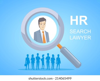 Vector illustration of a portrait of a businessman in a jacket lawyer seen through a magnifier on blue background with silhouettes of business people