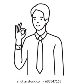 Vector illustration portrait of businessman showing gesture OK hand sign, concept in agreement, approval, or well done expression. 
