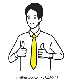 Vector illustration portrait of businessman showing two thumb up gesturing in very good hand sign, concept in satisfy, approval, or well done expression. Outline hand draw sketch design, simple style.