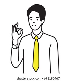 Vector illustration portrait of businessman showing gesture OK hand sign, agreement, happy, satisfy, approval, or well done expression. Outline, hand draw sketch design, black and white simple style.