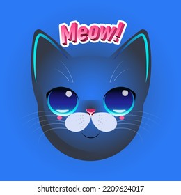 Vector illustration portrait of a cat. Beautiful cat poster with the inscription meow! For postcards and printing.