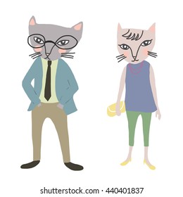vector illustration - portrait of cat in business suit and eyeglasses. cat in blouse ,cropped trousers and high heels.  hand drawn style