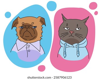 vector illustration portrait of cat and dog flat doodle style bright colors cute pets