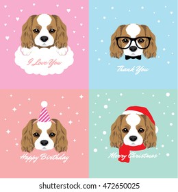 Vector Illustration Portrait of Cavalier King Charles Spaniel Puppy. Dog Cards