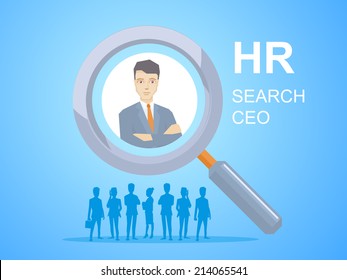 Vector illustration of a portrait of the ceo wearing a jacket with clasped hands on his chest seen through a magnifier on blue background with silhouettes of business people