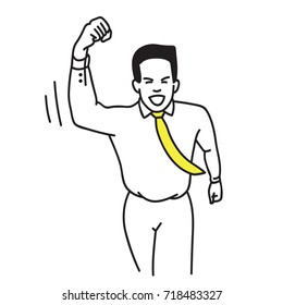 Vector illustration portrait character of businessman, happy, holding fist in the air, business concept in winning, strong, success. Outline, linear, thin line art, hand draw sketch design.