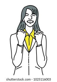 Vector illustration portrait character of businesswoman, holding two hands, fists, in concept of success, excitement, victory, winning, achievement. Linear, thin line art, doodle, hand drawn sketch. 