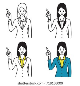 Vector illustration portrait character of businesswoman, in formal suit, pointing up in blank space. Outline, linear, thin line art, hand draw sketch design, simple style.