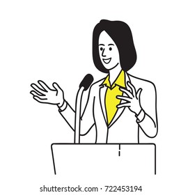 Vector illustration  portrait character of female politician, speaking at podium. Outline, linear, line art, doodle, hand draw sketch design, simple style.