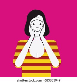 Vector illustration portrait character of senior or retired woman, cover her face with two hands, serious and worried facial expression, menopause period concept. Flat design with linear style. 