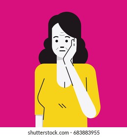 Vector illustration portrait character of senior or retired woman, serious and worried facial expression, menopause period concept. Flat design with linear style. 