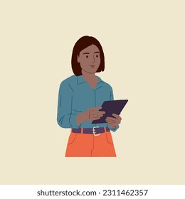 Ilustración vectorial Retrato de una alegre niña encantadora, segura de sí misma, sosteniendo una tableta y sonriendo en la reunión

