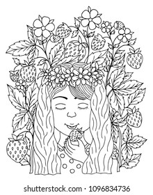 Vector illustration. Portrait of a child surrounded by bushes of strawberries. Coloring book. Anti Stress for adults and children. The work was done manually. Black and white.